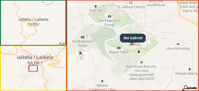 Map showing the address of Bet Gabriel in three different zoom levels.