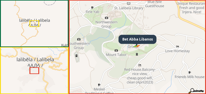 Map showing the address of Bet Abba Libanos in three different zoom levels.