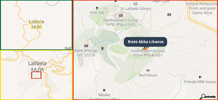 Map showing the address of Biete Abba Libanos in three different zoom levels.