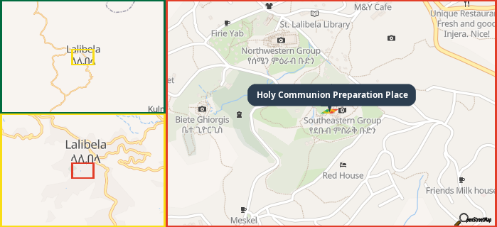 Map showing the address of Holy Communion Preparation Place in three different zoom levels.