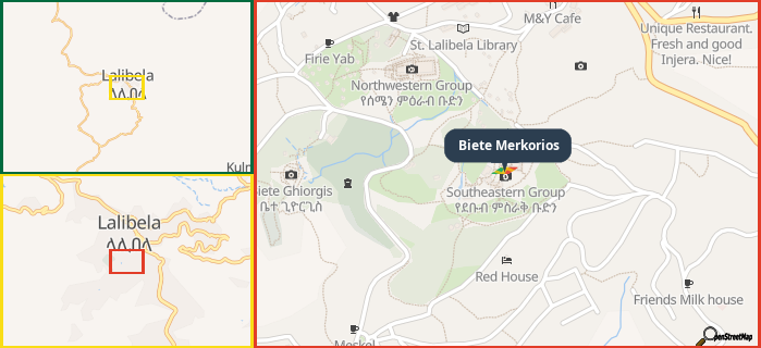 Map showing the address of Biete Merkorios in three different zoom levels.