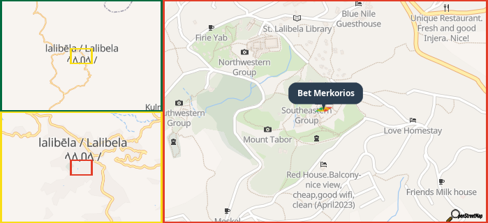 Map showing the address of Bet Merkorios in three different zoom levels.