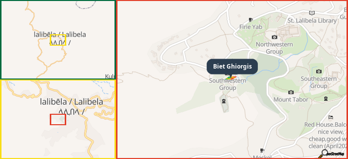 Map showing the address of Biet Ghiorgis in three different zoom levels.
