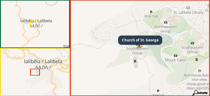 Map showing the address of Church of St. George in three different zoom levels.
