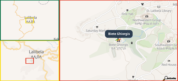 Map showing the address of Biete Ghiorgis in three different zoom levels.