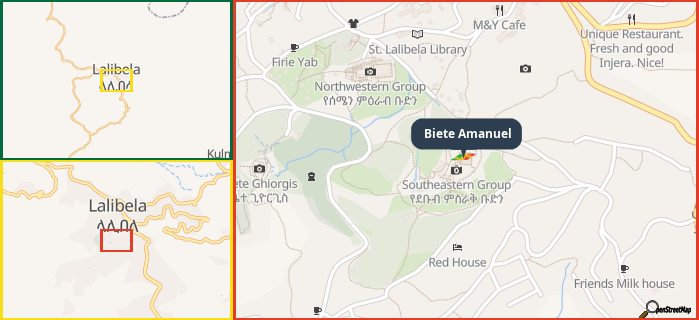 Map showing the address of Biete Amanuel in three different zoom levels.