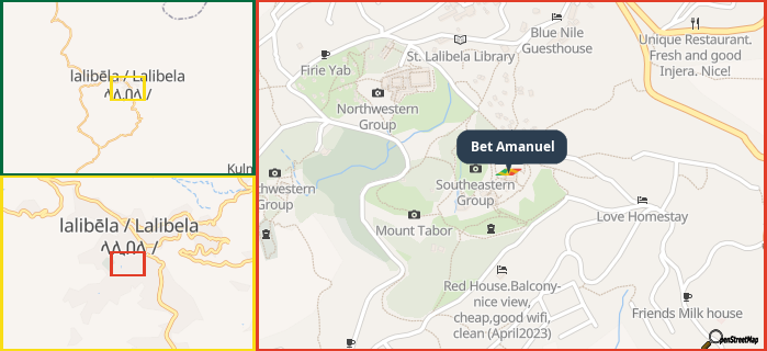 Map showing the address of Bet Amanuel in three different zoom levels.