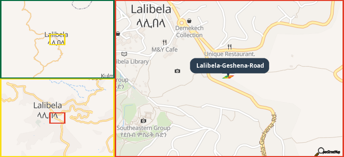 Map showing the address of Lalibela-Geshena-Road in three different zoom levels.
