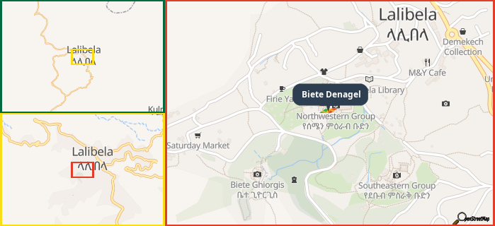 Map showing the address of Biete Denagel in three different zoom levels.