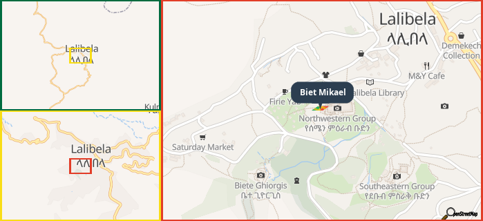 Map showing the address of Biet Mikael in three different zoom levels.