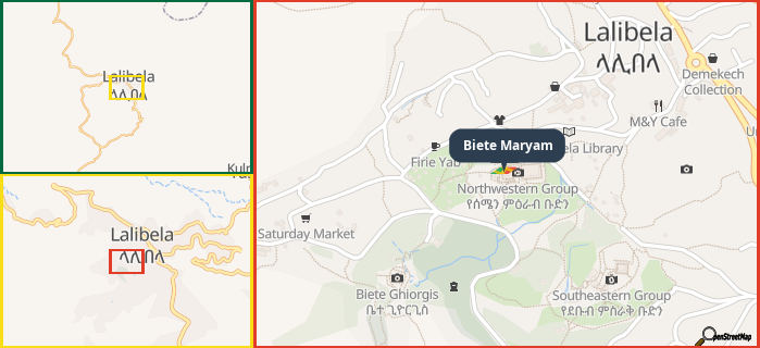 Map showing the address of Biete Maryam in three different zoom levels.