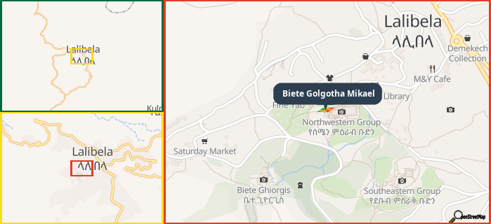 Map showing the address of Biete Golgotha Mikael in three different zoom levels.