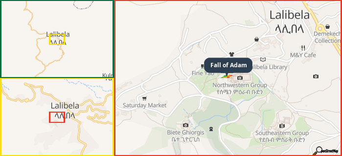 Map showing the address of Fall of Adam in three different zoom levels.