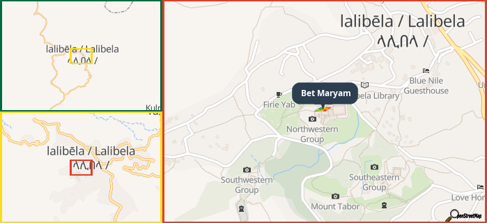 Map showing the address of Bet Maryam in three different zoom levels.