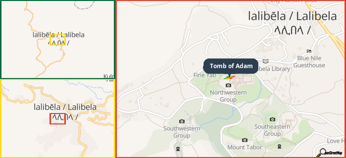 Map showing the address of Tomb of Adam in three different zoom levels.