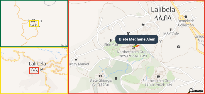 Map showing the address of Biete Medhane Alem in three different zoom levels.