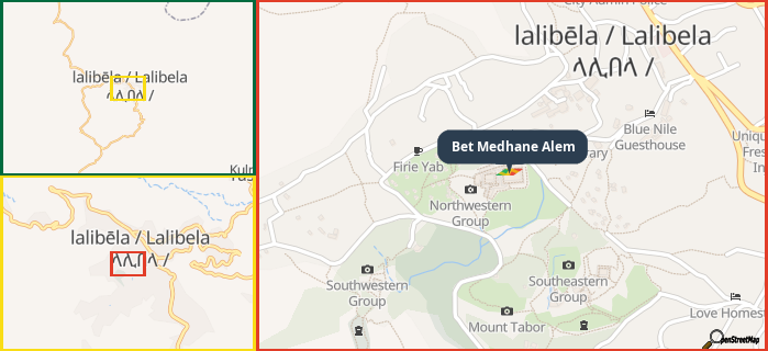 Map showing the address of Bet Medhane Alem in three different zoom levels.