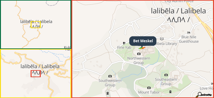 Map showing the address of Bet Meskel in three different zoom levels.