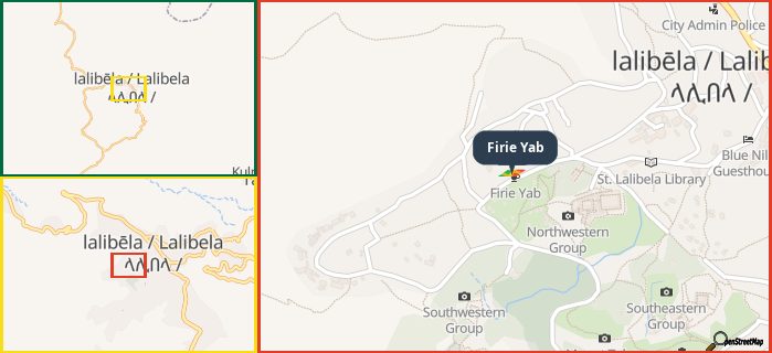Map showing the address of Firie Yab in three different zoom levels.