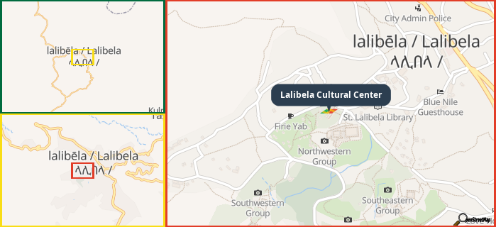 Map showing the address of Lalibela Cultural Center in three different zoom levels.