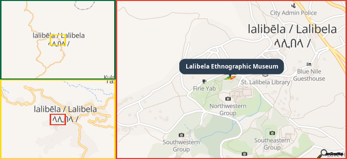 Map showing the address of Lalibela Ethnographic Museum in three different zoom levels.