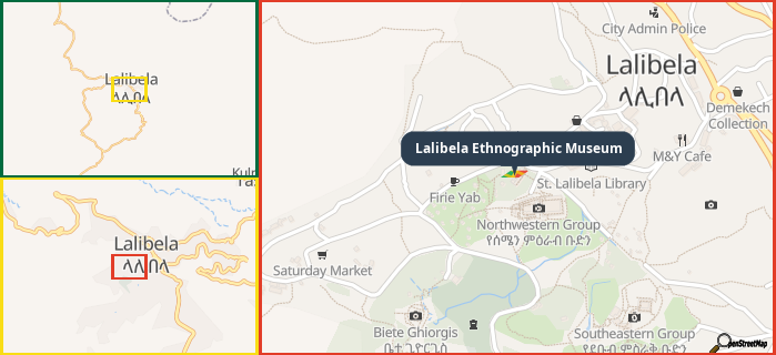 Map showing the address of Lalibela Ethnographic Museum in three different zoom levels.