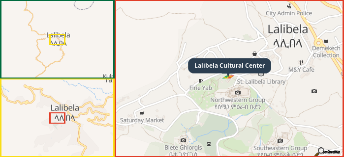 Map showing the address of Lalibela Cultural Center in three different zoom levels.