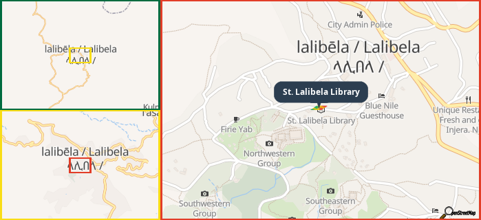 Map showing the address of St. Lalibela Library in three different zoom levels.