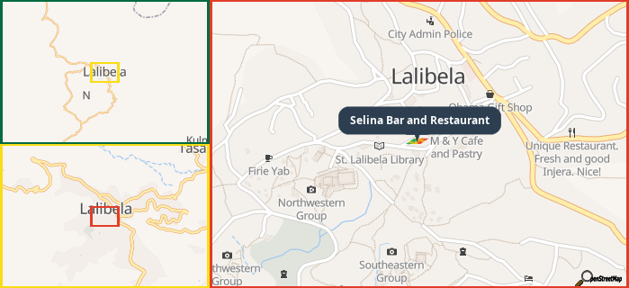 Map showing the address of Selina Bar and Restaurant in three different zoom levels.