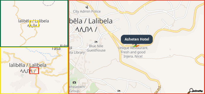 Map showing the address of Asheten Hotel in three different zoom levels.