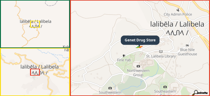 Map showing the address of Genet Drug Store in three different zoom levels.