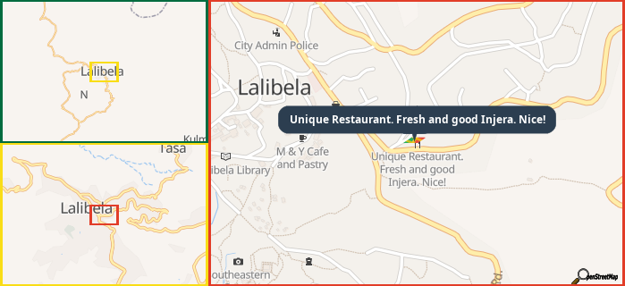 Map showing the address of Unique Restaurant. Fresh and good Injera. Nice! in three different zoom levels.