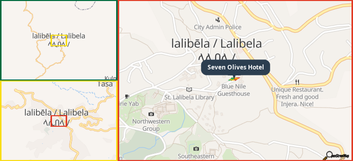 Map showing the address of Seven Olives Hotel in three different zoom levels.