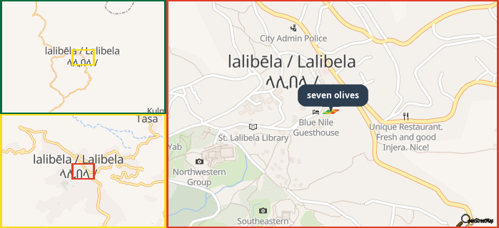 Map showing the address of seven olives in three different zoom levels.
