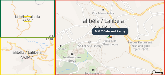 Map showing the address of M & Y Cafe and Pastry in three different zoom levels.