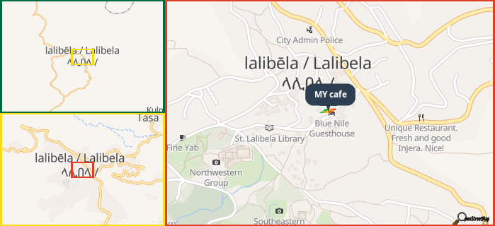 Map showing the address of MY cafe in three different zoom levels.