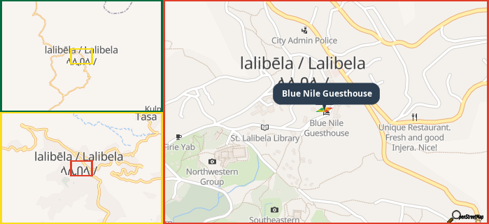 Map showing the address of Blue Nile Guesthouse in three different zoom levels.