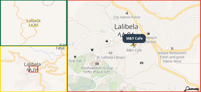 Map showing the address of M&Y Cafe in three different zoom levels.