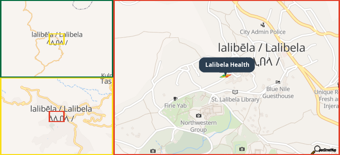 Map showing the address of Lalibela Health in three different zoom levels.