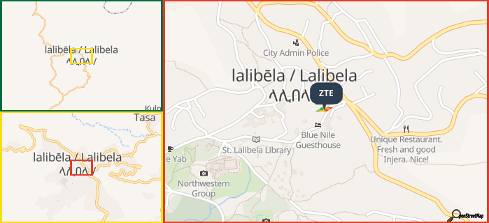 Map showing the address of ZTE in three different zoom levels.