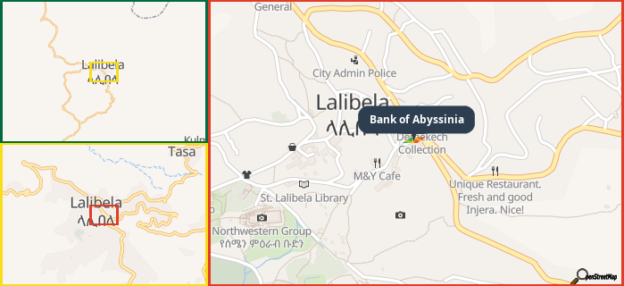 Map showing the address of Bank of Abyssinia in three different zoom levels.