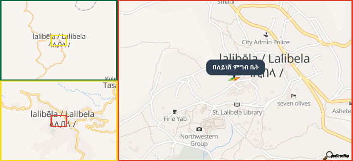 Map showing the address of በለይነሽ ምግብ ቤት in three different zoom levels.