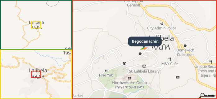 Map showing the address of Begodanachin in three different zoom levels.