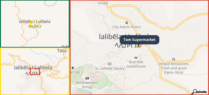Map showing the address of Tom Supermarket in three different zoom levels.