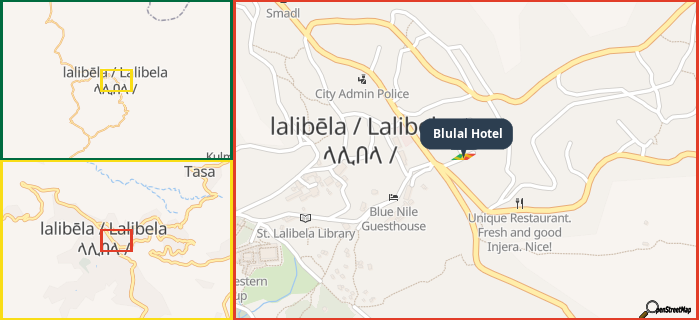 Map showing the address of Blulal Hotel in three different zoom levels.