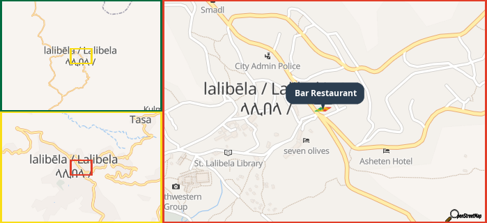 Map showing the address of Bar Restaurant in three different zoom levels.