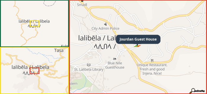 Map showing the address of Jourdan Guest House in three different zoom levels.