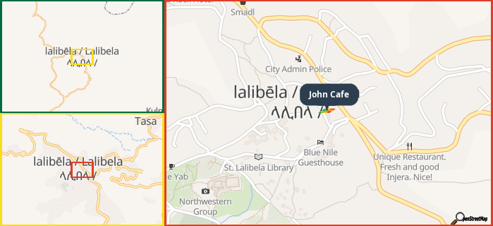 Map showing the address of John Cafe in three different zoom levels.