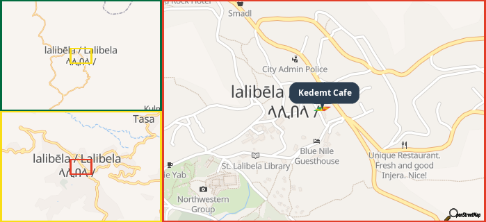 Map showing the address of Kedemt Cafe in three different zoom levels.