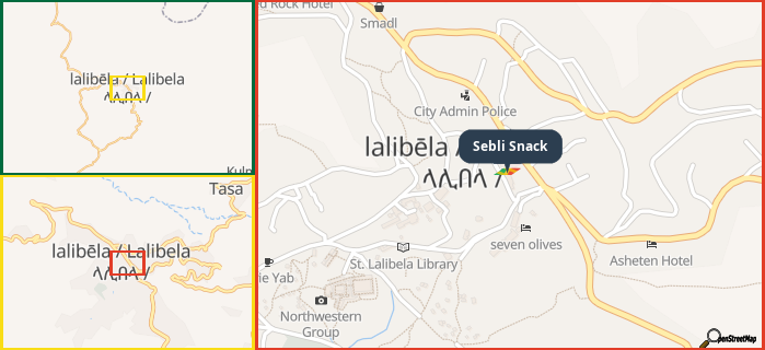 Map showing the address of Sebli Snack in three different zoom levels.